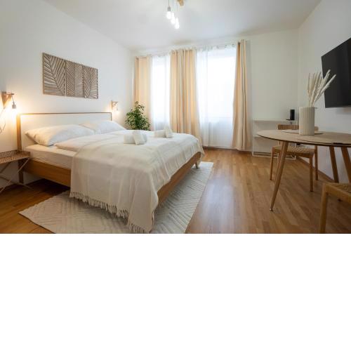Bright and cozy studio with a city view
